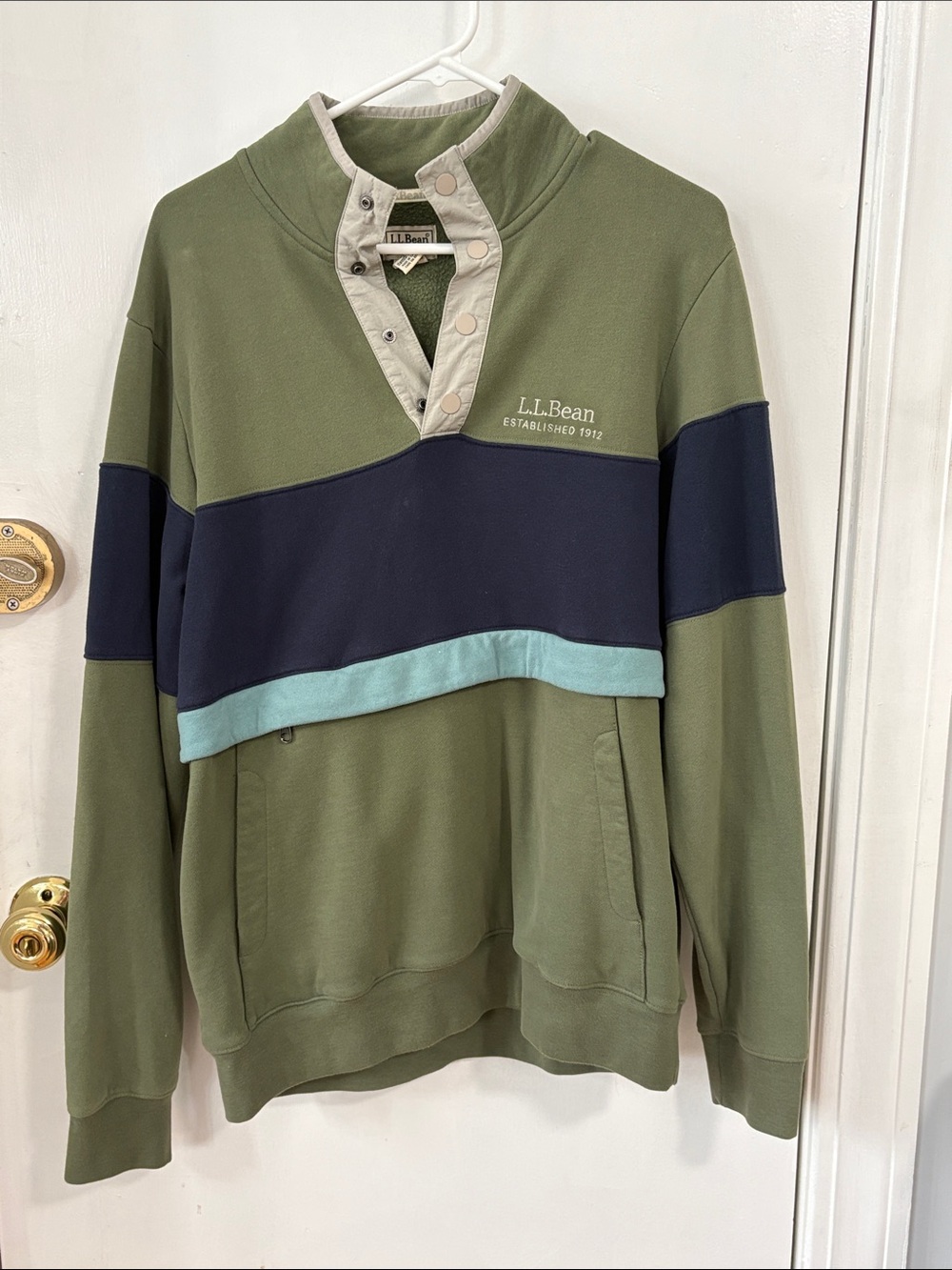 L.L. Bean Olive Green Crewneck Pullover with Navy and Light Teal Accents